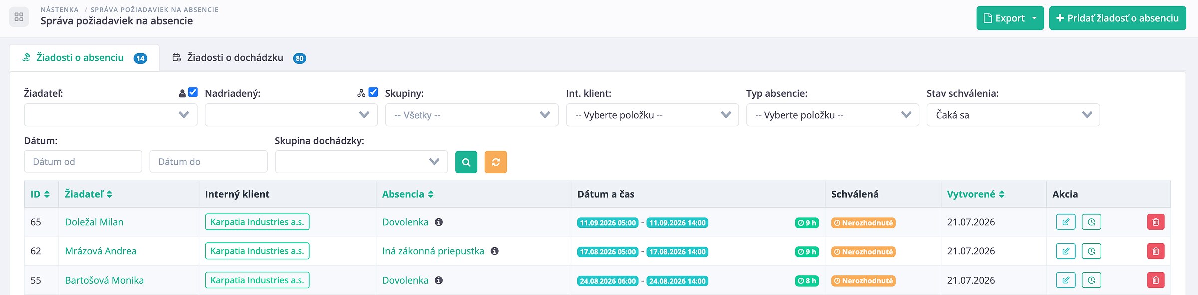 Správa žiadostí o absencie vo WorkBeat