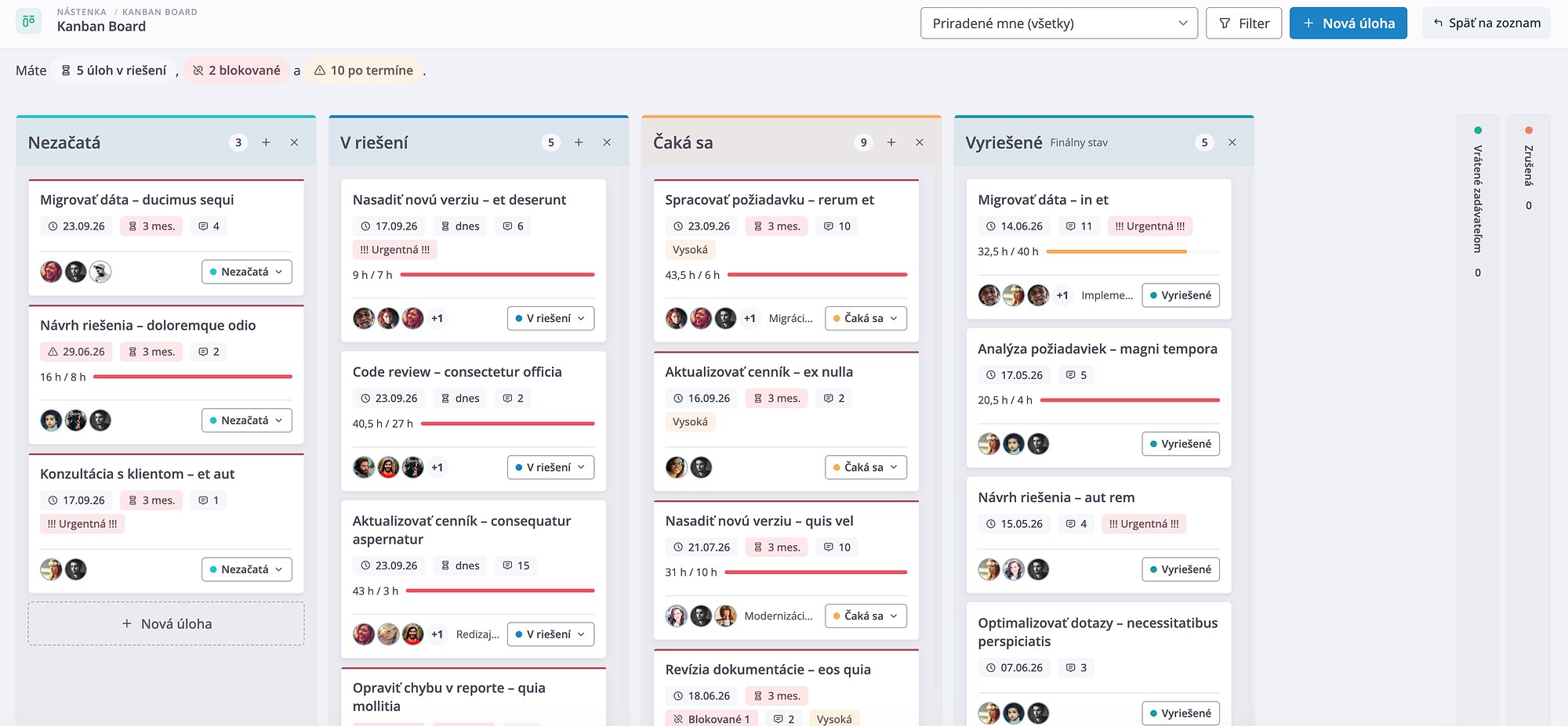 Kanban doska s úlohami vo WorkBeat