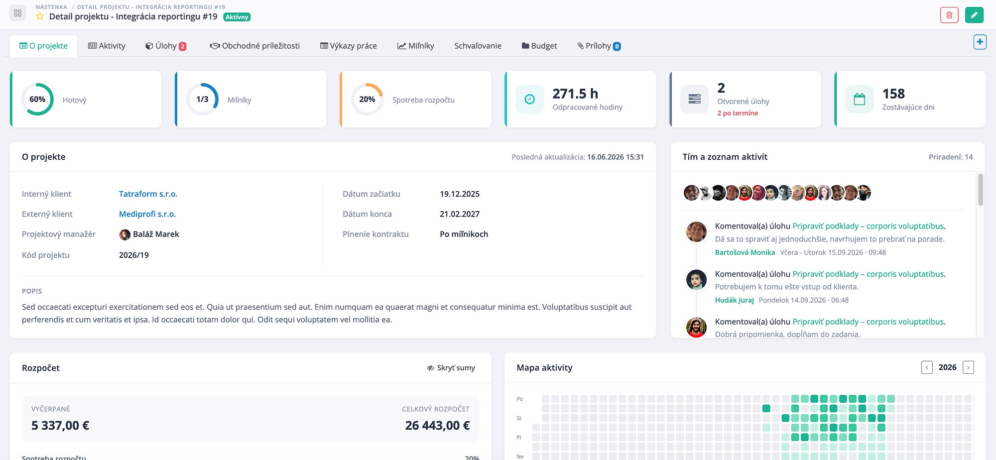 Detail projektu s KPI, rozpočtom a mapou aktivity vo WorkBeat